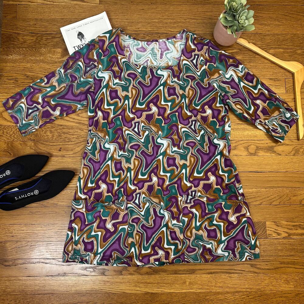 Ulla Popken Purple Brown & Green 3/4 Sleeve Shift Dress